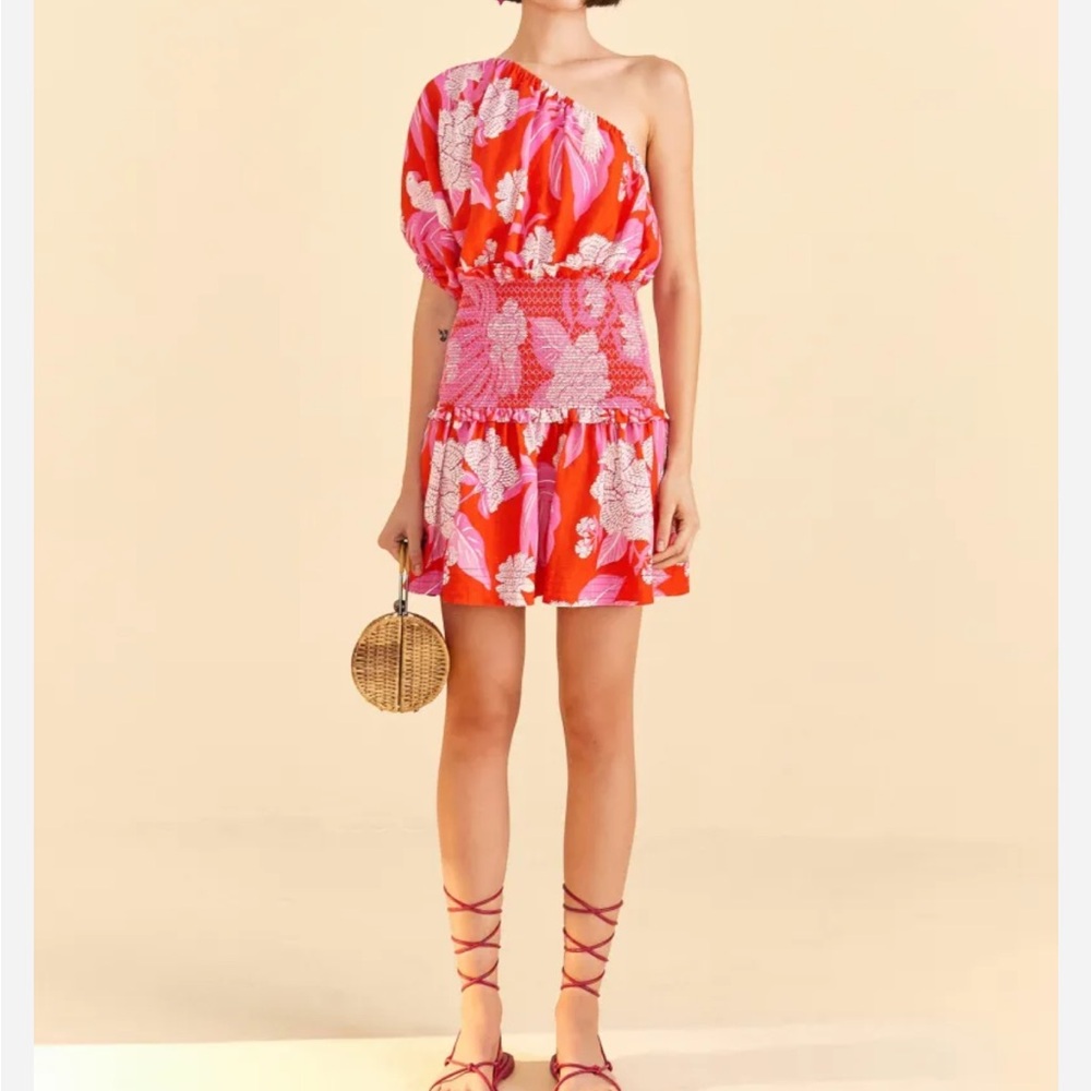 Farm Rio Dewdrop Smockdd One-Shoulder Dress in Red and Pink